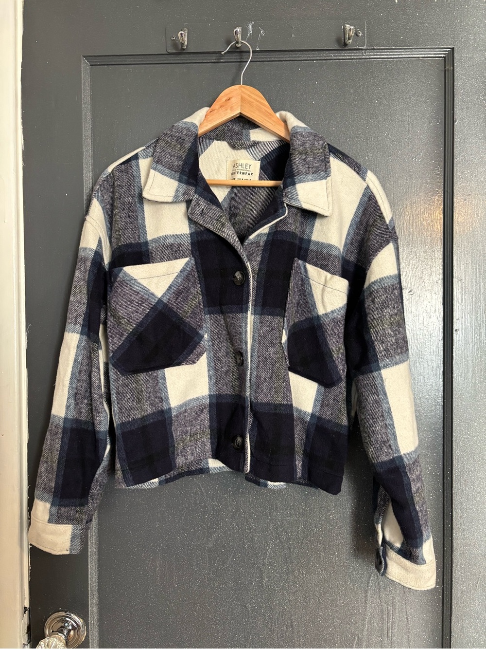 Ashley By 26 International Navy and Cream Plaid Utility Jacket